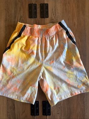 Nike Men’s Yellow & Orange Tie-Dye Athletic Shorts with Black Accents